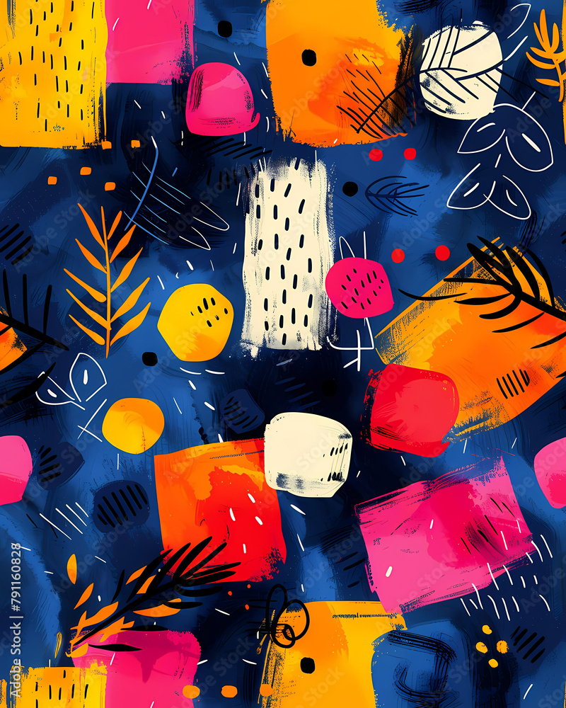 Poster colorful seamless abstract doodle pattern design with squares triangles and circles in white and pin
