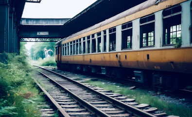 Fototapeta premium An abandoned railway station is completely overgrown with greenery.