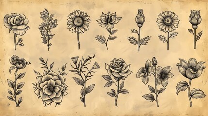 HandDrawn Flower Sketches Line Icon Set on Textured Paper Background Rustic Vintage