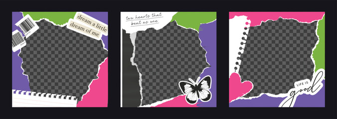 Post template with collage punk elements. Butterfly stamp, torn paper, barcode, quote, cutout notebook sheet. Frames on transparent background.
