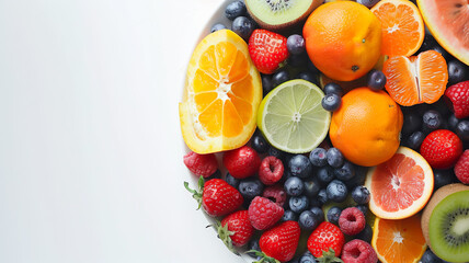 Top view of a colorful assortment of fresh berries and citrus fruits, arranged on a white background.
