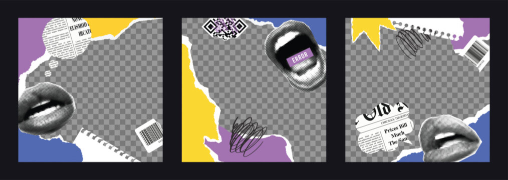 Post template with collage punk elements. Torn paper, scribble, speech bubble of newspaper, cutout notebook sheet, barcode, mouth. Frames on transparent background.