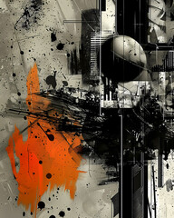 Abstract Geometric Painting: Black and Orange Collage Artwork with Text and Lines
