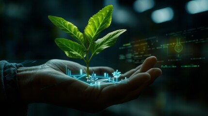 Man hand on dark background holding and touching holographic projection of a plant with digital analysis 3D rendering