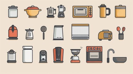 Minimalist Kitchen Line Icon Set Comprehensive Collection of Culinary Appliances and Tools