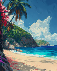 Vibrant Art of Beach with Palm Trees and Body of Water in British Virgin Islands, North America