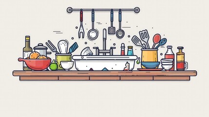 Modern Kitchen Line Icon Set Overflowing Sink Full of Dirty Dishes - obrazy, fototapety, plakaty