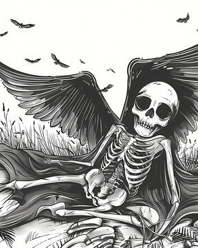 Vibrant Painting of a Winged Skeleton Wrapped in a Blanket: Soul Empty Body