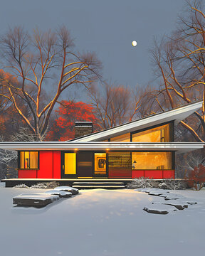 House in Snowy Landscape, Modern Art, Vibrant Painting, Teenage Engineering, Dieter Rams