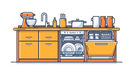 Dishwasher Full of Clean Dishes Modern Kitchen Line Icon Set Graphic