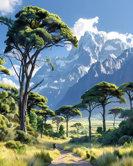 Painting of a Tanzanian Mountain Range Landscape with Vibrant Colors and Brushstrokes