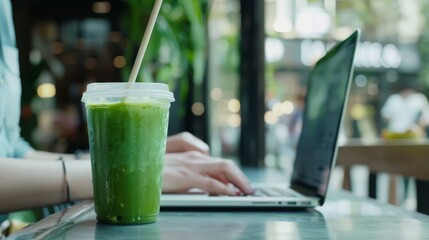 Beautiful business woman using laptop drinking green smoothie with bamboo straw in the office. Healthy lifestyle concept.