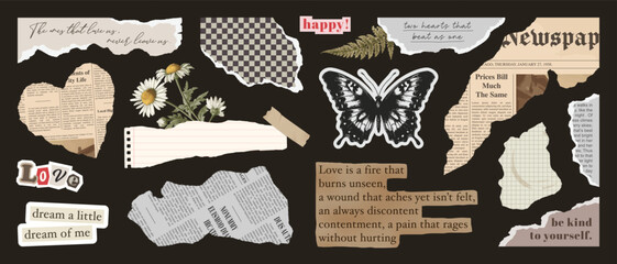 Obraz premium Set of torn papers, old newspaper, cut notepaper, collage craft elements, retro notebook sheets, craft rip labels. Trendy collage vector collection. Retro grunge stickers for scrapbook design.
