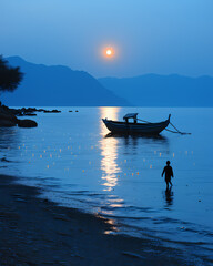 Vibrant Seascape: Minimalist Nighttime Walk on Hainan Beach with Full Moon, Distant Boats, and Artistic Flair