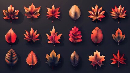 Autumn Leaf Icon Collection A Vibrant Showcase of Seasonal Foliage Gradients - obrazy, fototapety, plakaty