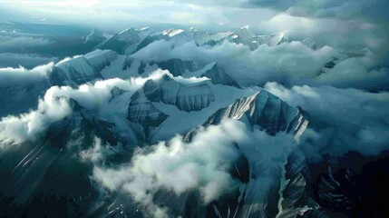 Fototapeta premium Cloud covered mountains seen from above