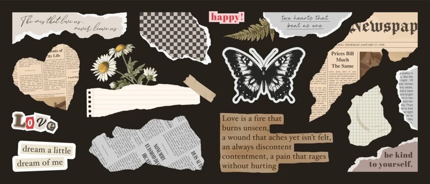 Naklejki Set of torn papers, old newspaper, cut notepaper, collage craft elements, retro notebook sheets, craft rip labels. Trendy collage vector collection. Retro grunge stickers for scrapbook design.