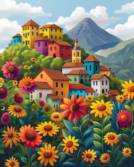 Colorful Ecuador South America landscape painted flowers buildings art impressionism acrylic oil