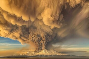 Volcanic eruption volcano erupting with smoke ashes old mountain peak sky covered with fumes natural disaster catastrophe exploding explosion national park lava - Powered by Adobe