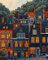 Stunning Watercolor Art: European Village Houses with Glowing Lights in Belgium