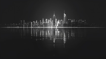 Futuristic Minimalist Cityscape Line Art: Black and White Contour Skyline with Water