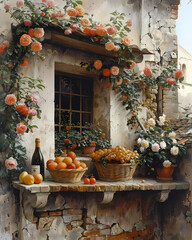 Classical Painting of Fruit and Flowers on Stone Ledge, Depicting Still Life Art and Renaissance Aesthetics