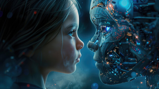 Cyborg de Inteligencia artificial IA manifestada en la rob&oacute;tica enfrent&aacute;ndose cara cara a un ni&ntilde;o humano. Concepto sobre el avance de las tecnolog&iacute;as futuras.