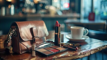 A woman's handbag, makeup products, and a coffee cup on a café table, showcasing a casual beauty routine setting. - Powered by Adobe