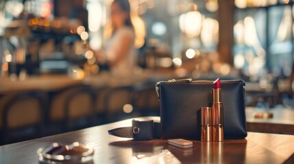 A purse, red lipstick, and a wristwatch on a table in a cozy café with a blurred background waitress serving.