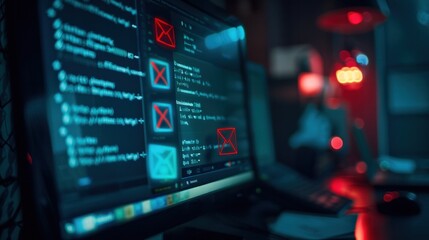 A blurred figure sits behind computer monitors displaying code with error messages in a dark room with a red light.