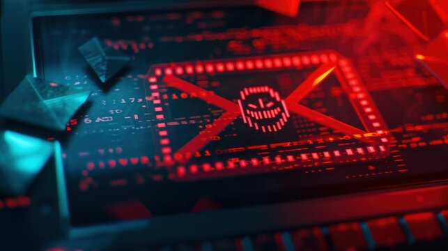 Digital illustration depicting a cyber-security concept with a skull symbol, indicating a computer virus or hacking threat on circuitry background.