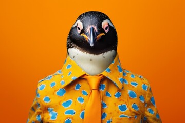 a happy penguin in an orange shirt, in the style of bold fashion photography