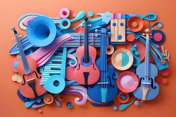 Musical Instruments Abstract Illustration. International Jazz Day. Paper cut art style.