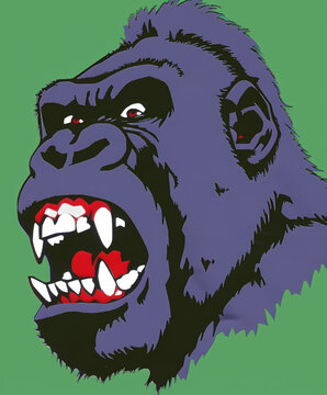 Chromatic Gorilla Tshirt Logo: Vibrant Animated Ape Painting with Sharp Teeth in NY School Style
