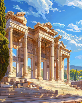 Flat style depiction of the historical library of Celsus in Ephesus, an iconic stone building with columns and steps, showcasing its architectural grandeur and artistic appeal