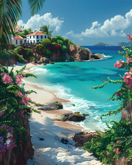 Vibrant Painting of Tropical Beach House with Flowers, Saint Barthelemy, North America