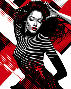 Fashion Illustration, Hyper-Detailed Female Model, Moire Effect, Windswept Hair, Art Focus, Black and White with Red Highlights