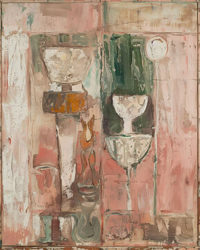 Abstract Painting with Vases in Nature-Inspired Light Pink and Light Brown Blooms, Weathered Orange and Green, Bloomsbury Group