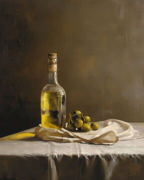 Vibrant Oil Painting Depicting Glass Vase of Olive Oil, Olives, Grapes, and Wine on White Tablecloth