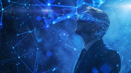business, network and future technology concept - businessman in virtual reality headset with low poly shape projection over abstract background
