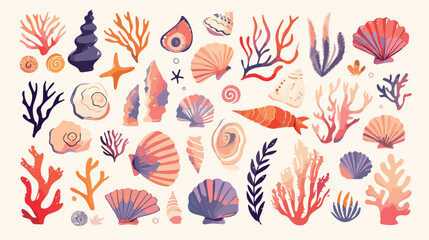 Collection of gorgeous hand drawn seashells corals