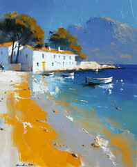 Mediterranean Fishing Village Art Painting, Colorful Houses, Fishing Boats, White Building, Beach, Summer, Coastal, Artwork, Scenery