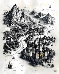 Fantasy castle fortress built on a mountain lake - Drawing of an ancient fortress in a spectacular mountain setting