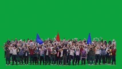 Group of multiethnic people with flags support football team playing in championship. Big crowd of supportive sport fans gesticulate and shout during soccer match on stadium. Chromakey. Alpha channel.