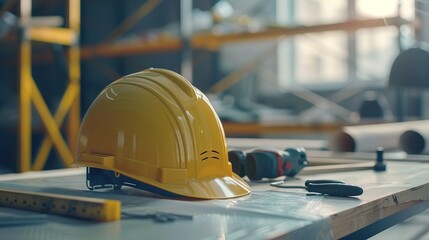 Builder helmet on table. Construction site accessory - obrazy, fototapety, plakaty