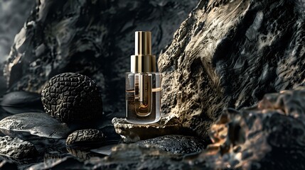 Luxurious Serum on Textured Stone with Golden Reflection