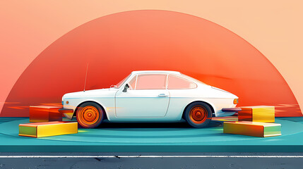 Artistic Depiction of a White Car on a Platform: Digital Painting with Cartoonish Elements