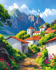 Vibrant Ecuadorian Landscape Painting: Colorful Village Nestled Amidst Mountains and Lush Greenery