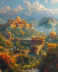 Vibrant Indian Art: Intricate Painting of a Mountainous Castle in South Asia