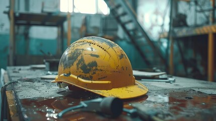 Builder helmet on table. Construction site accessory